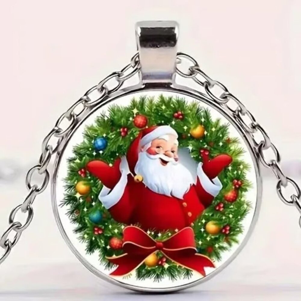 Silver SANTA CLAUS Christmas Glass Cabochon Pendant Necklace